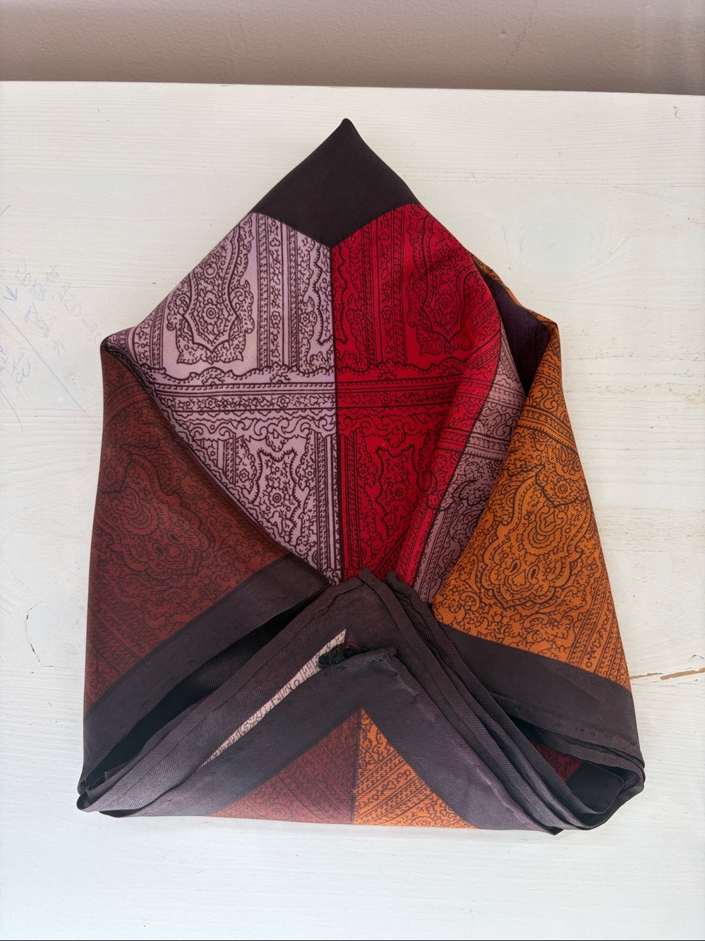 100% Silk Multicolor Geometric Scarf 48x48 cm Hand Rolled Hem Like New